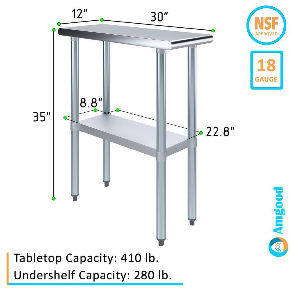 30 in. x 12 in. Stainless Steel Kitchen Utility Table with Adjustable Bottom Shelf - Hercitys