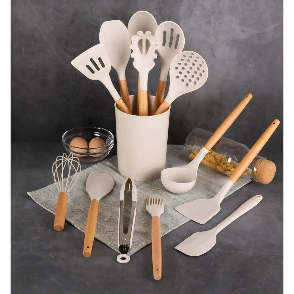 14-Piece Kitchen Cooking Tools Utensil Set with Caddy, Wooden Handle, Nonstick Silicone and Heat-Resistant, Beige - Hercitys