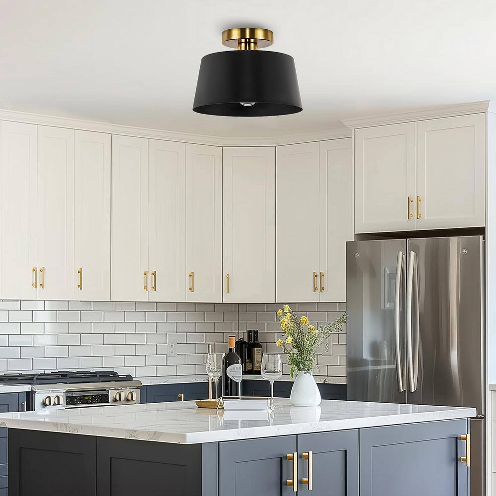 10 in. 1-Light Matte Black and Gold Bowl Semi-Flush Mount for Foyer, Kitchen, E26 Base, No Bulbs Included (2-Pack) - Hercitys