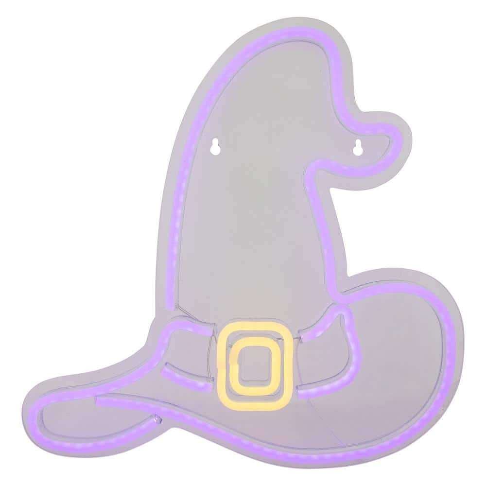 15 in. Purple LED Lighted Neon Style Witch Hat Halloween Window Silhouette - Hercitys