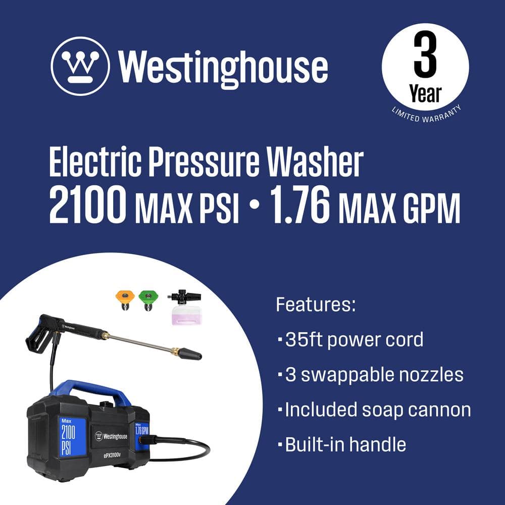2100 PSI 1.76 GPM 13 Amp Cold Water Electric Powered Handheld Electric Powered Pressure Washer and 3-Quick Connect Tips - Hercitys
