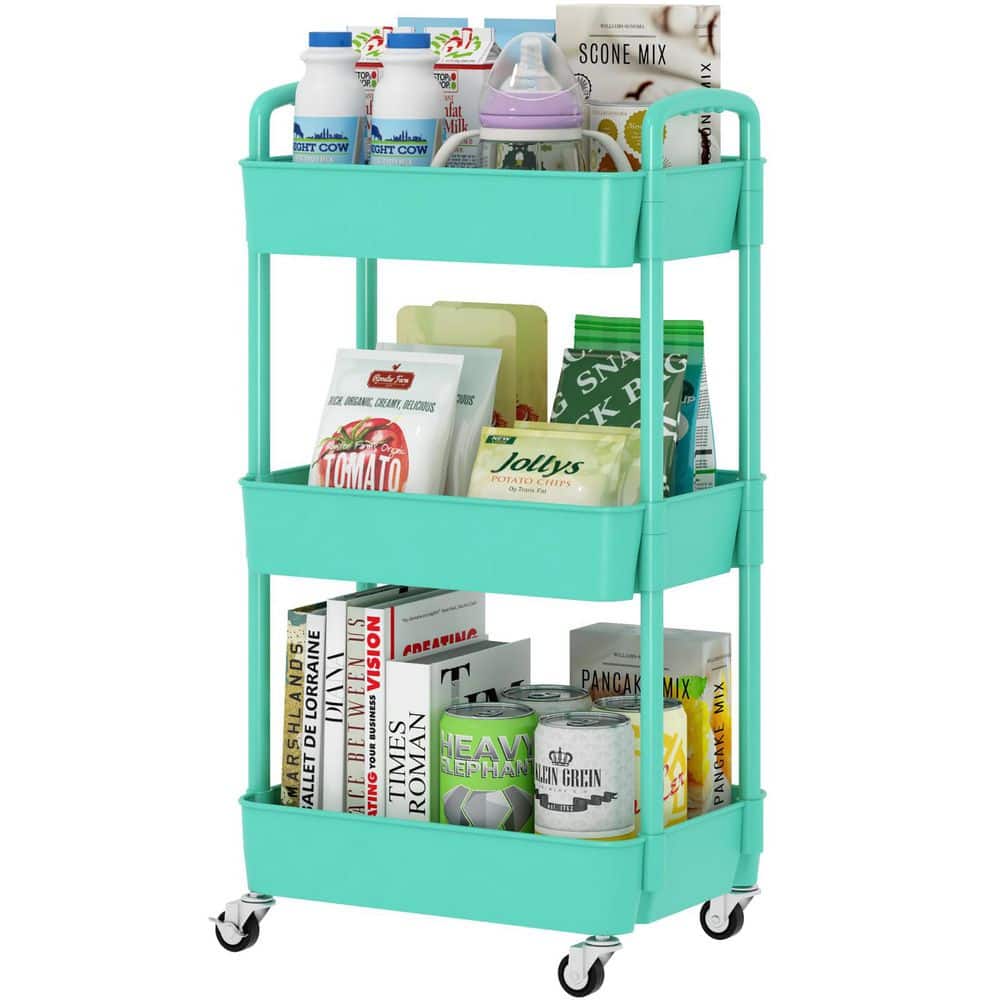 3-Tier Plastic -Wheeled Storage Utility Cart in Green - Hercitys