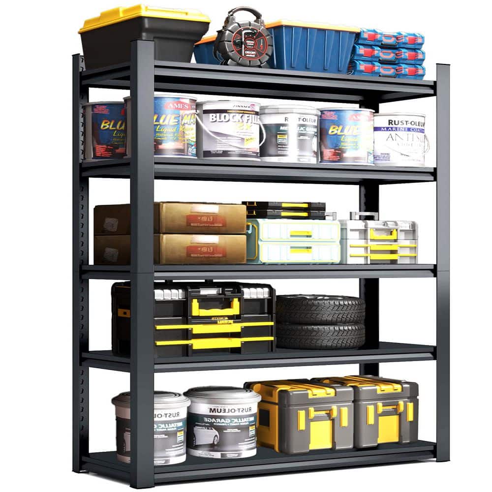 5-Tier Heavy Duty Steel Freestanding Adjustable Storage Rack in Black (47.2 in. W x 72 in. H x 23.6 in. D) - Hercitys