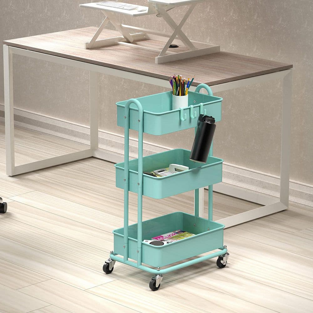3-Tier Metal -Wheeled Utility Cart in Turquoise - Hercitys