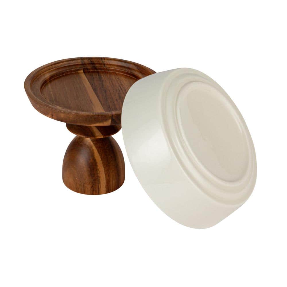 1-Tier White and Brown Round Acacia Wood-Enhanced Stoneware Cake Stand (Set of 2) - Hercitys