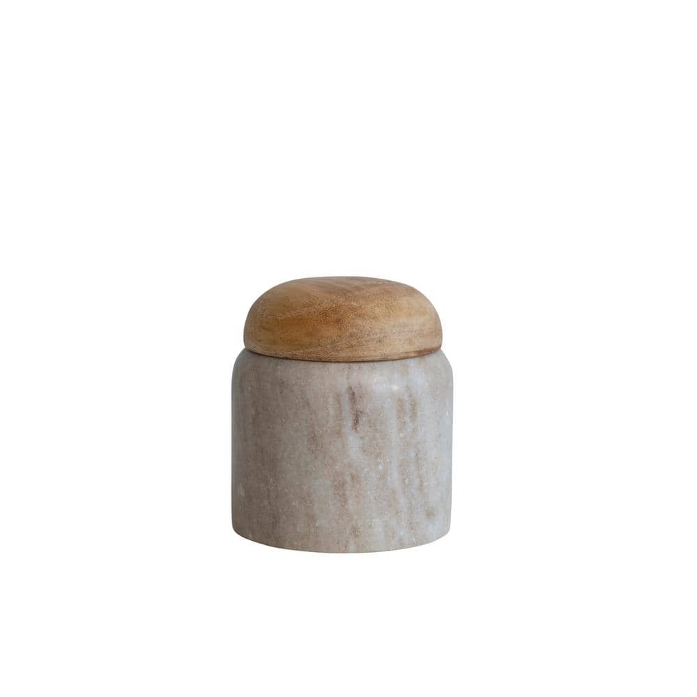 3 in. x 3.25 in. Beige Modern Marble Canister with Wood Lid - Hercitys
