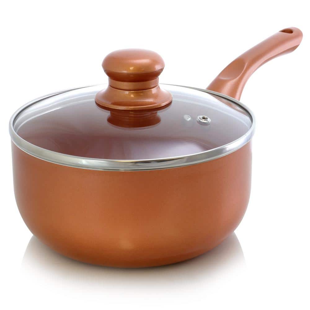 2 qt. Aluminum Ceramic Nonstick Sauce Pan in Copper with Glass Lid - Hercitys