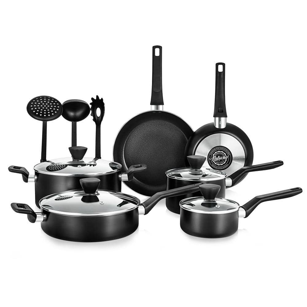 13-Piece Aluminum Stylish Kitchen Cookware Set, Non-Stick in Black - Hercitys
