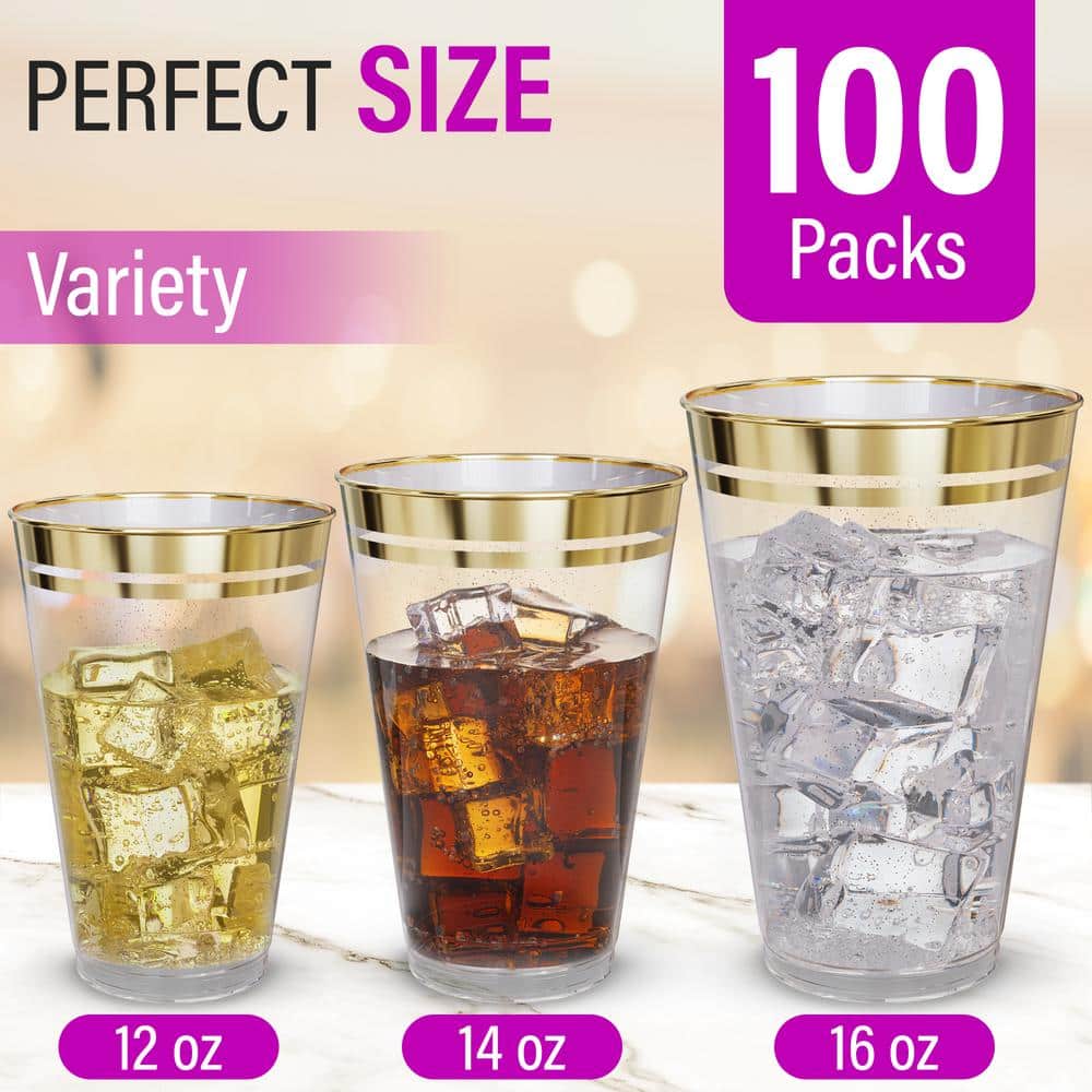 14 oz. 2 Line Gold Rim Gold Glitter Disposable Plastic Cups, Party, Cold Drinks, (100/Pack) - Hercitys
