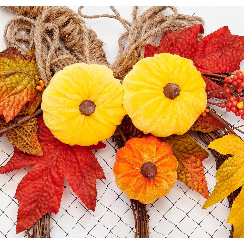 18 in. x 16 in. Flat Rattan Velvet Pumpkin Hanging Twig Decoration - Hercitys