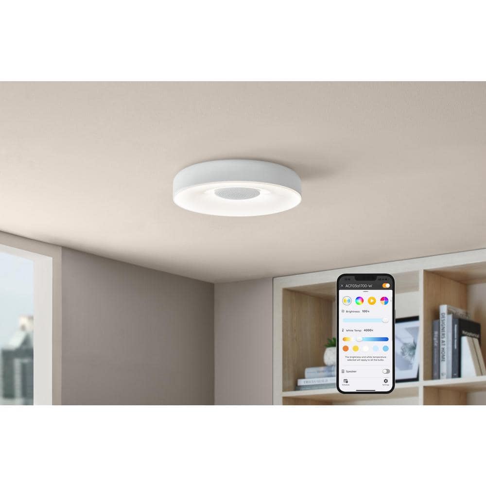 13 in. White Smart Gradient Light Flush Mount with Bluetooth Speaker Powered by Hubspace - Hercitys