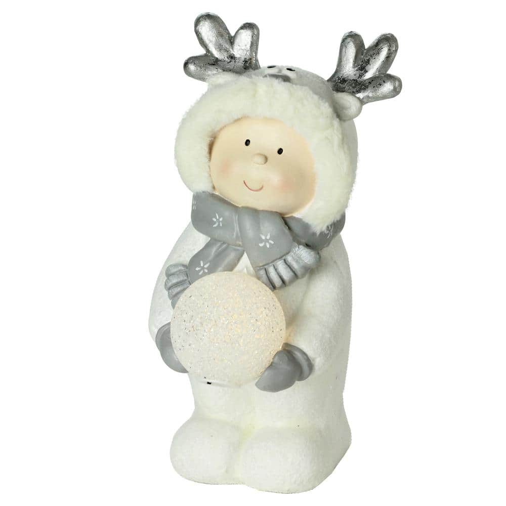 15.75 in. Smiling Child in White Snow Suit Holding LED Lighted Snowball Christmas - Hercitys