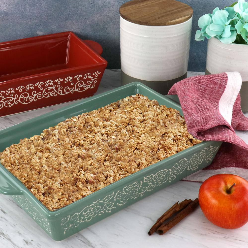 2 Piece Tierra Wax Relief Stoneware Baker Set in Red and Mint - Hercitys