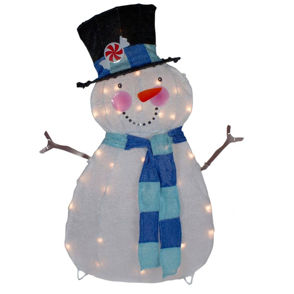 32 in. Lighted White and Blue Chenille Snowman Outdoor Christmas Decoration - Hercitys