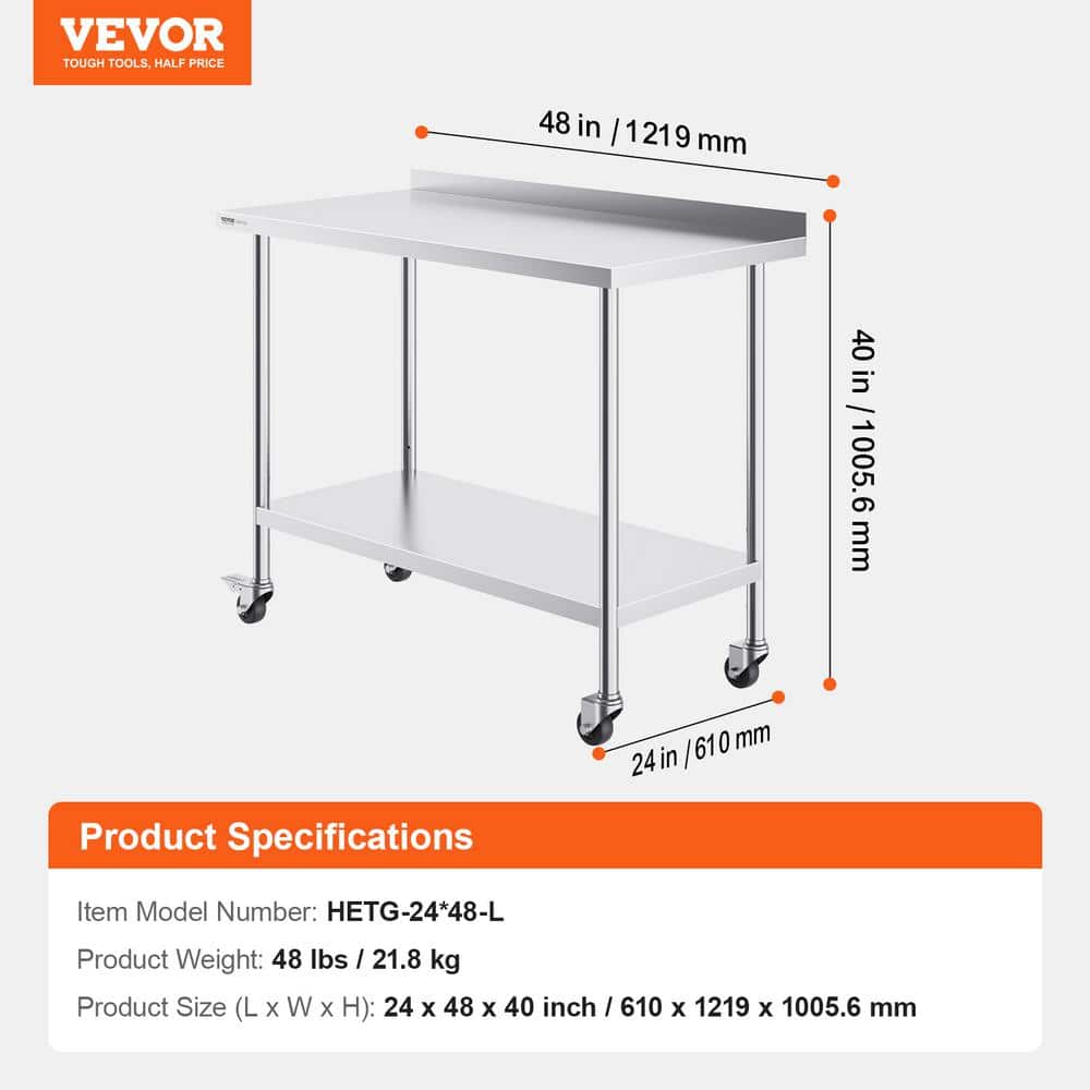 24 x 48 x 40 in. Stainless Steel Commercial Kitchen Prep Table with Casters Metal Table with Adjustable Height Silver - Hercitys