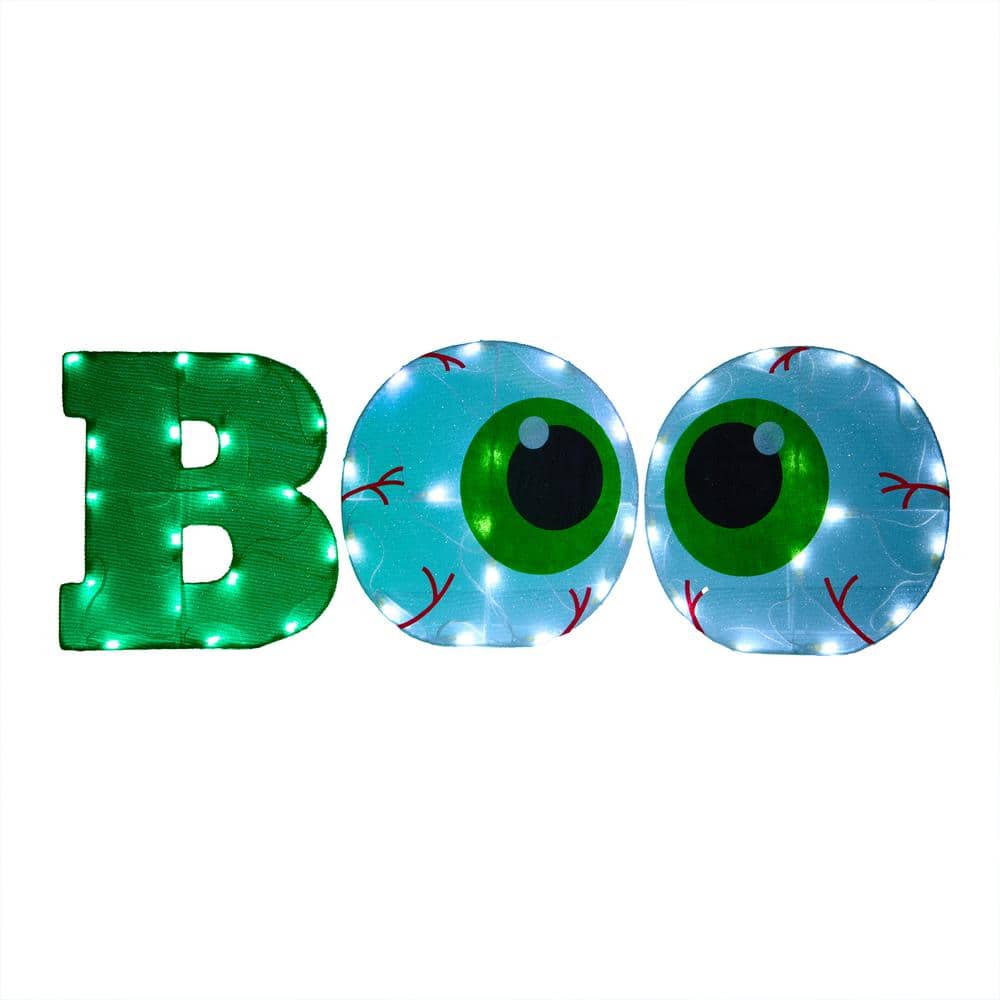 14 in. 2D Tinsel Fabric BOO Sign Pre-Lit with 50 Green and Cool White Plug-In LED Lights - Hercitys