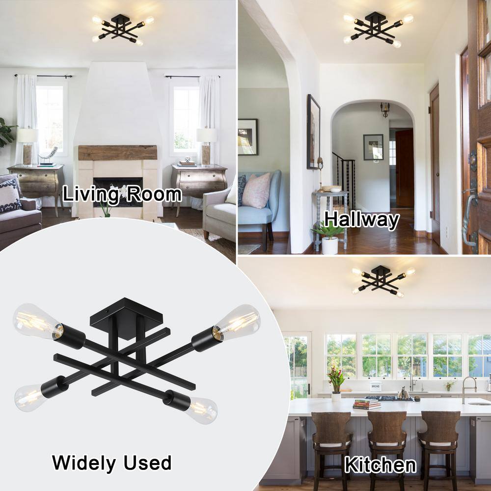 18.11 in. 4-Light Black Modern Sputnik Semi- Flush Mount Ceiling Lights with No Bulbs Included - Hercitys