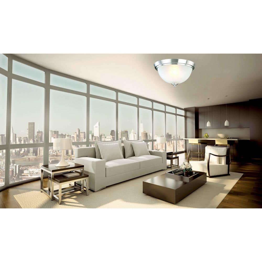 13.5 in. Brushed Nickel Flush Mount Fixture with 2 Bulbs and Alabaster Glass Shade - Hercitys