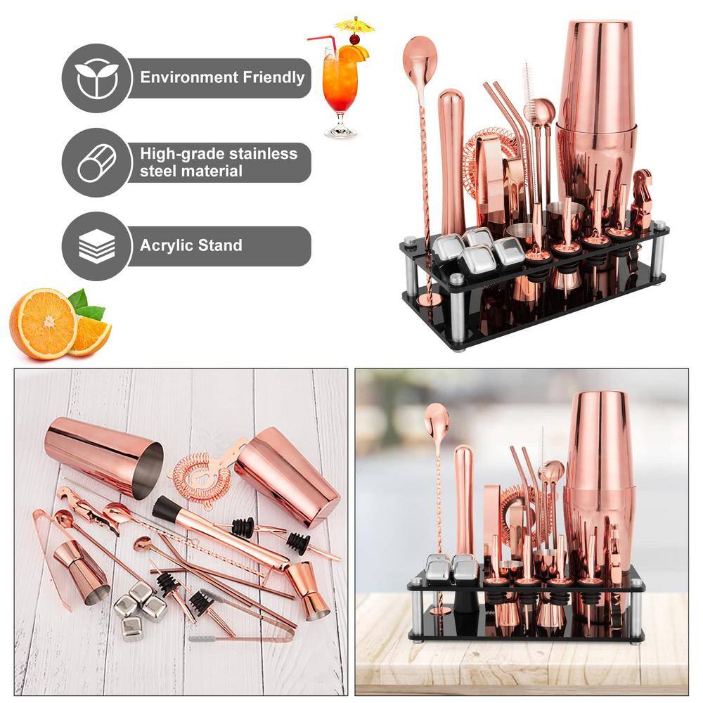 23-Piece 20 oz. and 24 oz. Rose Gold Stainless Steel Cocktail Shaker Set with Acrylic Stand and Cocktail Recipes Booklet - Hercitys
