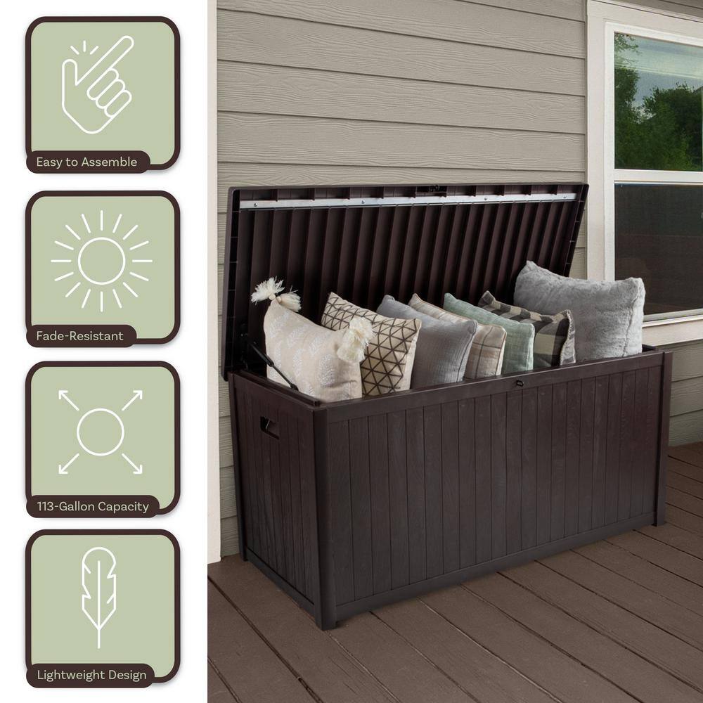 113 Gal. 49.2 in. L x 22 in. W x 24.2 in. H Fade-Resistant Brown Resin Deck Box - Hercitys