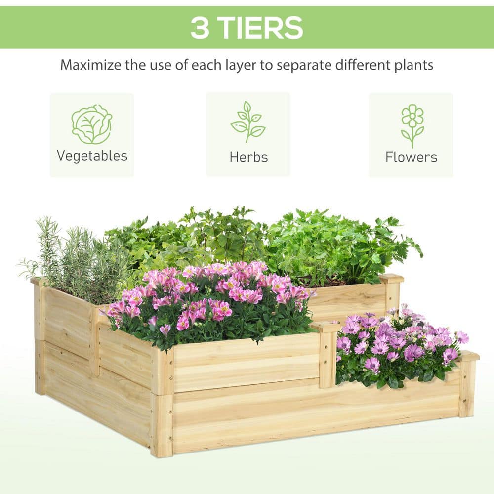 3-Tier Raised Garden Bed: Outdoor Wooden Planter Box with Open Bottom for Growing Vegetables & Flowers, Natural Finish - Hercitys