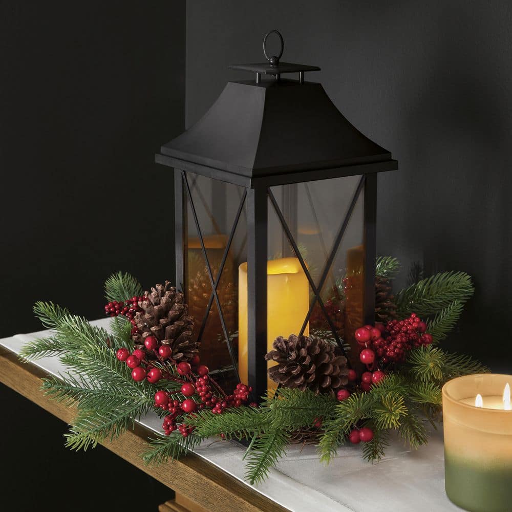 16 in. Unlit Holiday Christmas Berries, Pinecones and Greenery with Lantern and LED Candle Artificial Table Arrangement - Hercitys