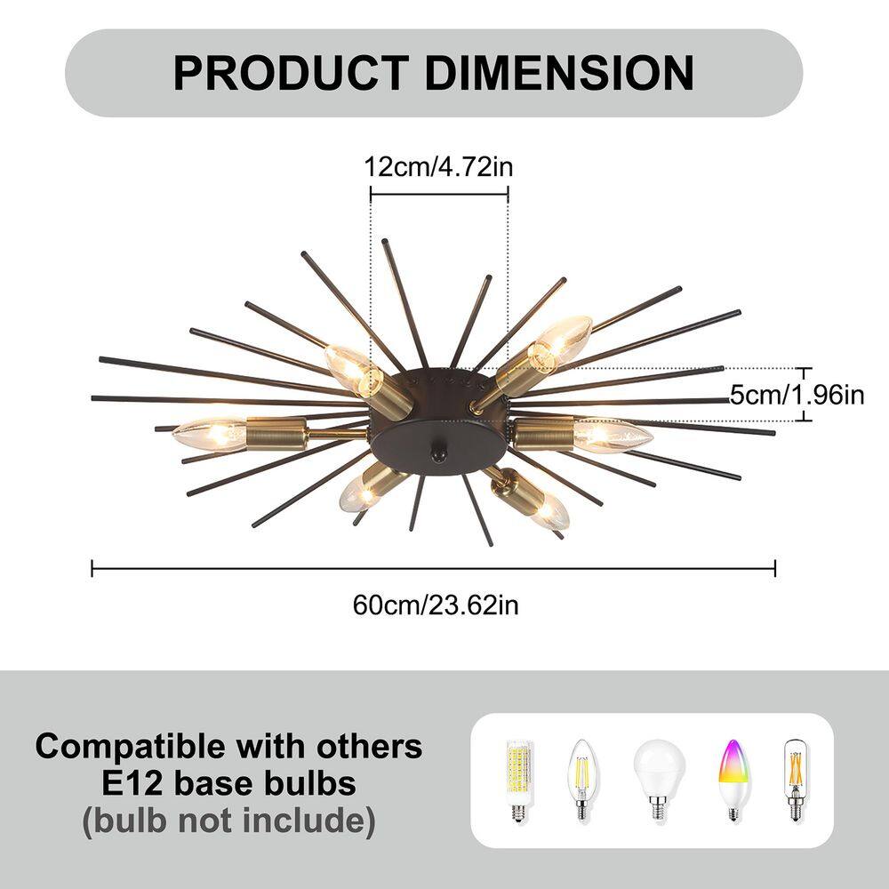 23.82 in. 6-Light Black and Gold Modern Metal Starburst Flush Mount Ceiling Light - Hercitys