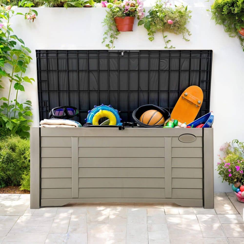 120 Gal. Water Resistant Resin Lockable Deck Box, Outdoor Storage For Patio Lawn and Garden, Light Brown - Hercitys