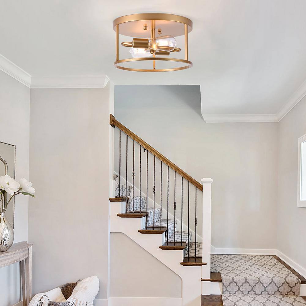 2-Light Gold Farmhouse Round Cage Flush Mount Ceiling Light with No Bulbs Included 12.59 in. - Hercitys