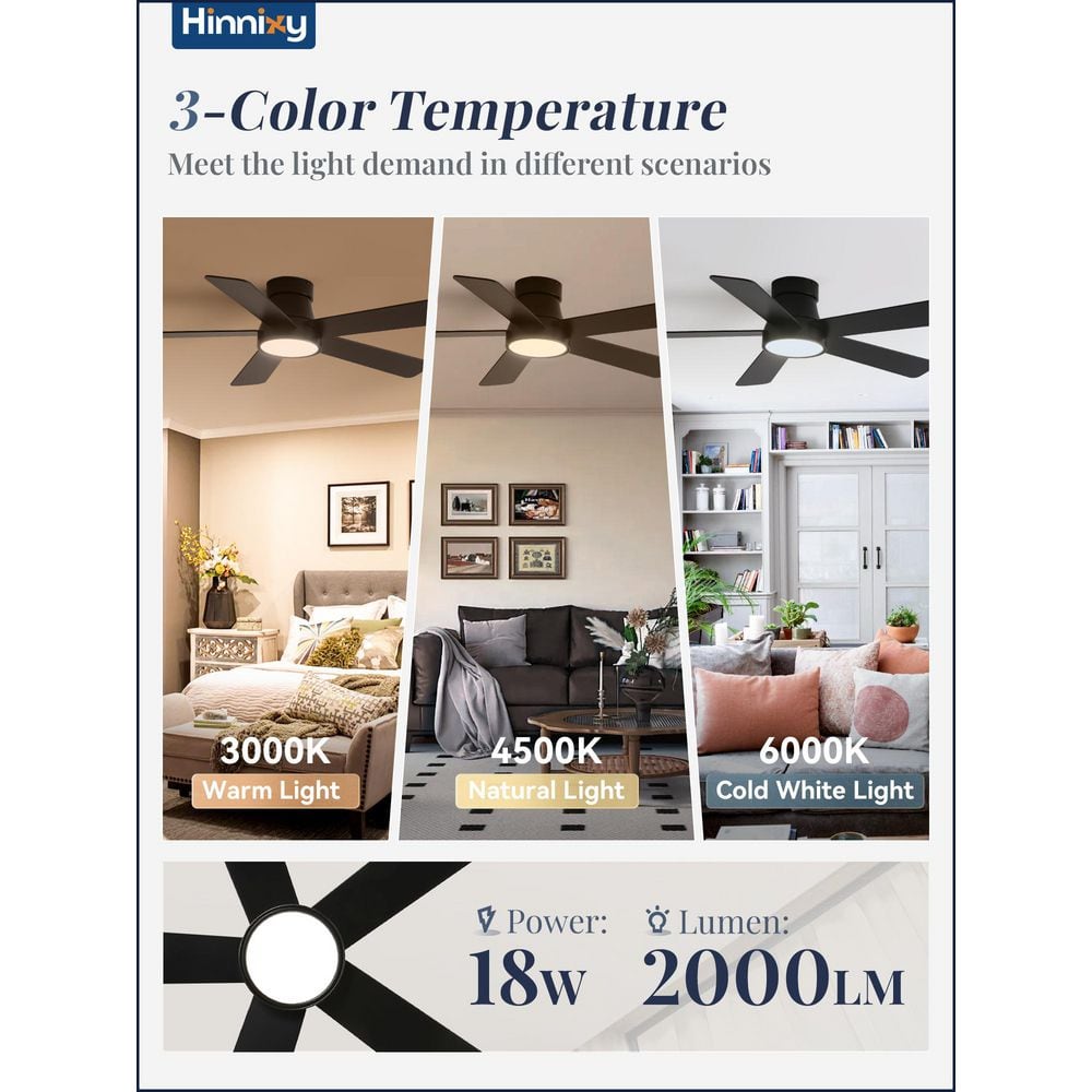42 in. Smart Indoor Black Low Profile Ceiling Fan with Light Kit and Remote Control and 3CCT 6-Speed DC Motor - Hercitys