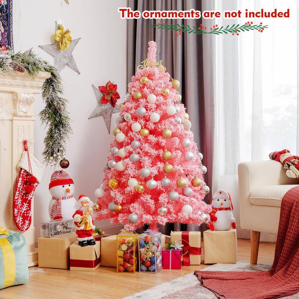 4.5 ft. Snow Flocked Hinged Artificial Christmas Tree with Metal Stand Pink - Hercitys