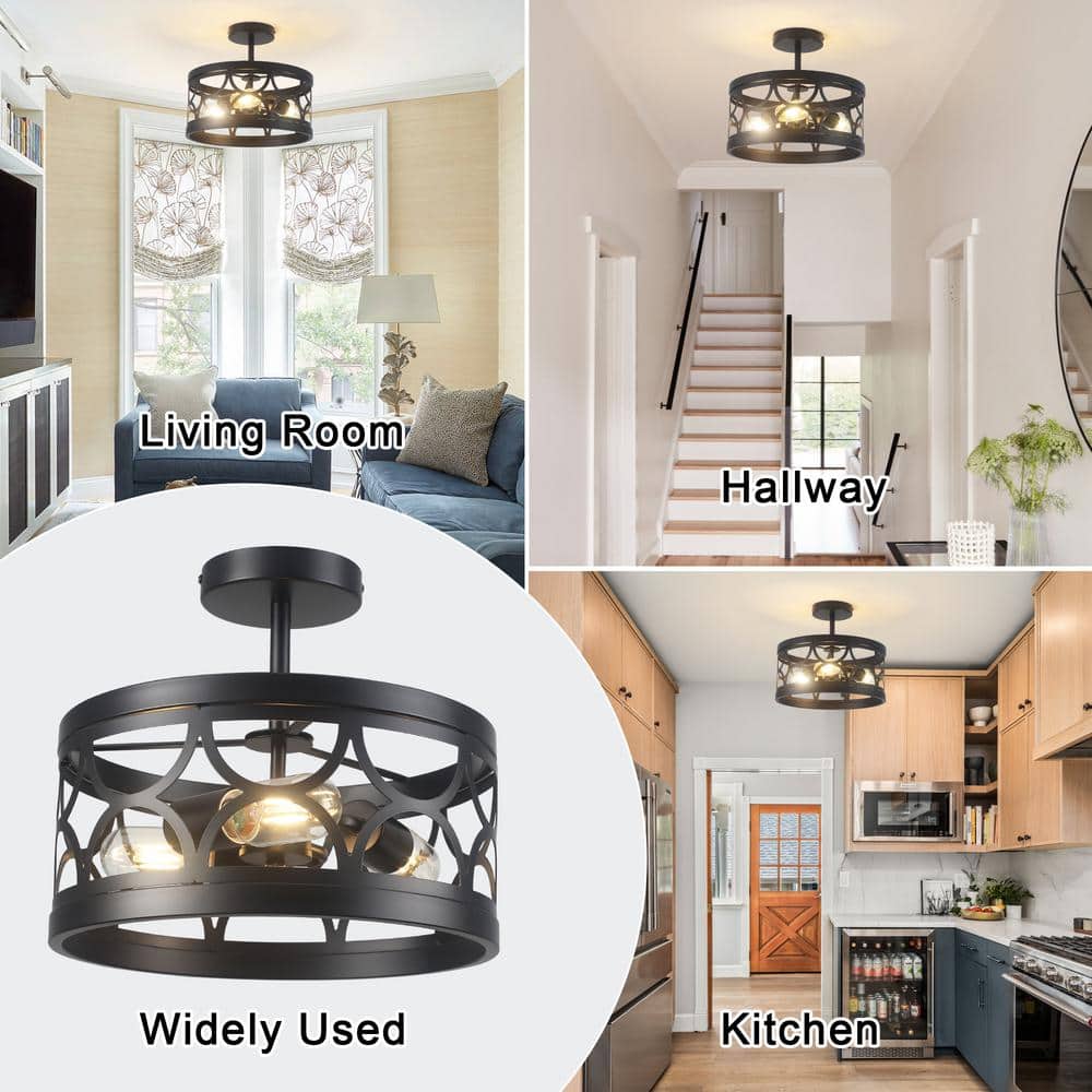 12.6 in. 3-Light Black Semi Flush Mount Ceiling Light Fixture With No Bulbs Included - Hercitys