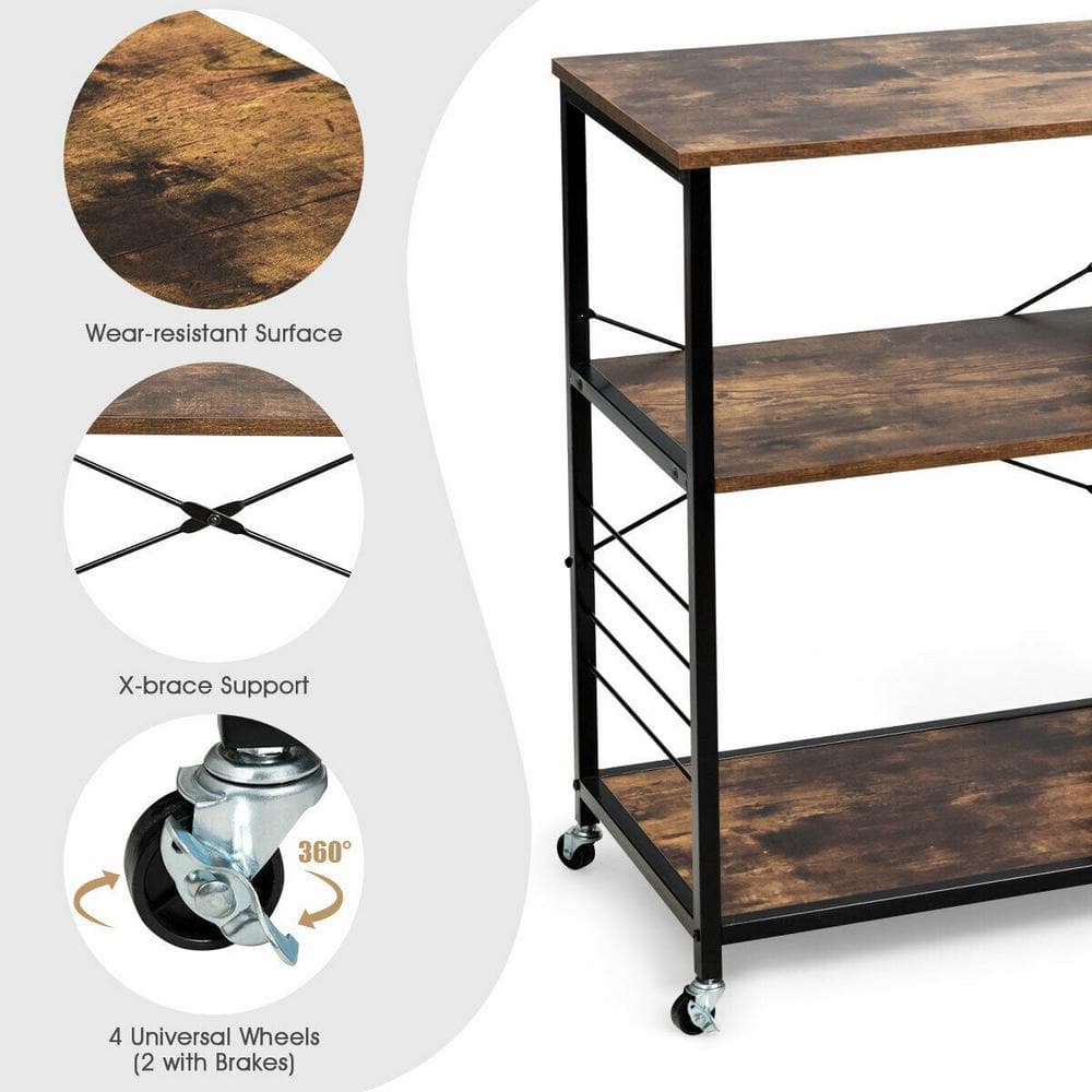 35 1/2 in. W Metal Frame Brown Engineered Wood Shelf Small Rolling Kitchen Cart Trolley on the Wheels - Hercitys