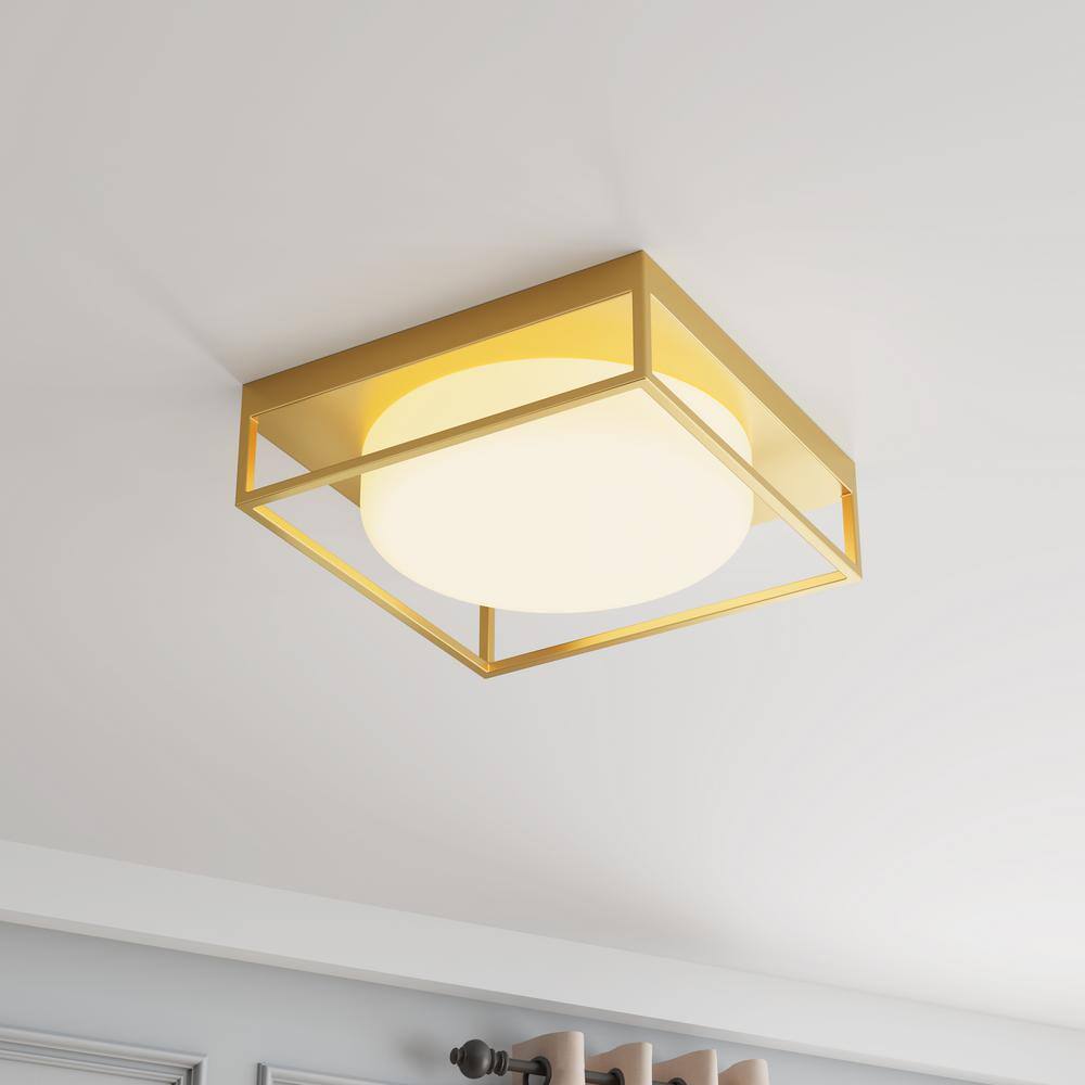 13 in. 2-Light Industrial Gold Flush Mount Farmhouse Close to Ceiling Light Fixture with White Glass Shade - Hercitys