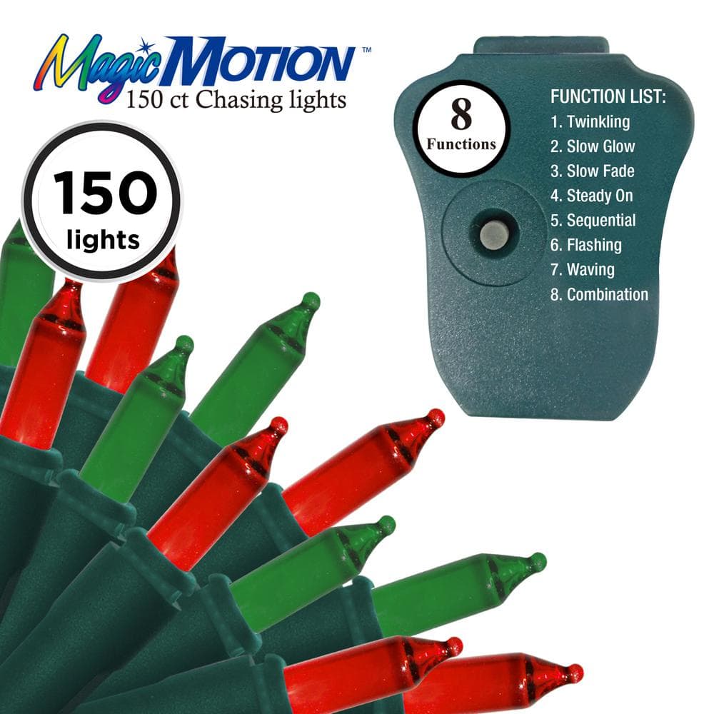 150-Lights 8 Function Chasing Lights, Red/Green, Green Wire - Hercitys