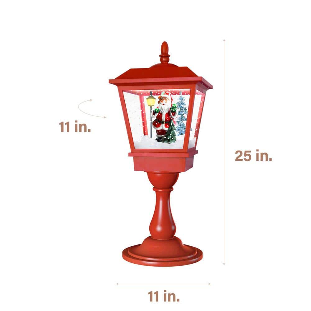 25 in. Musical Tabletop Lantern in Red Featuring Santa Scene and Snow Function - Hercitys