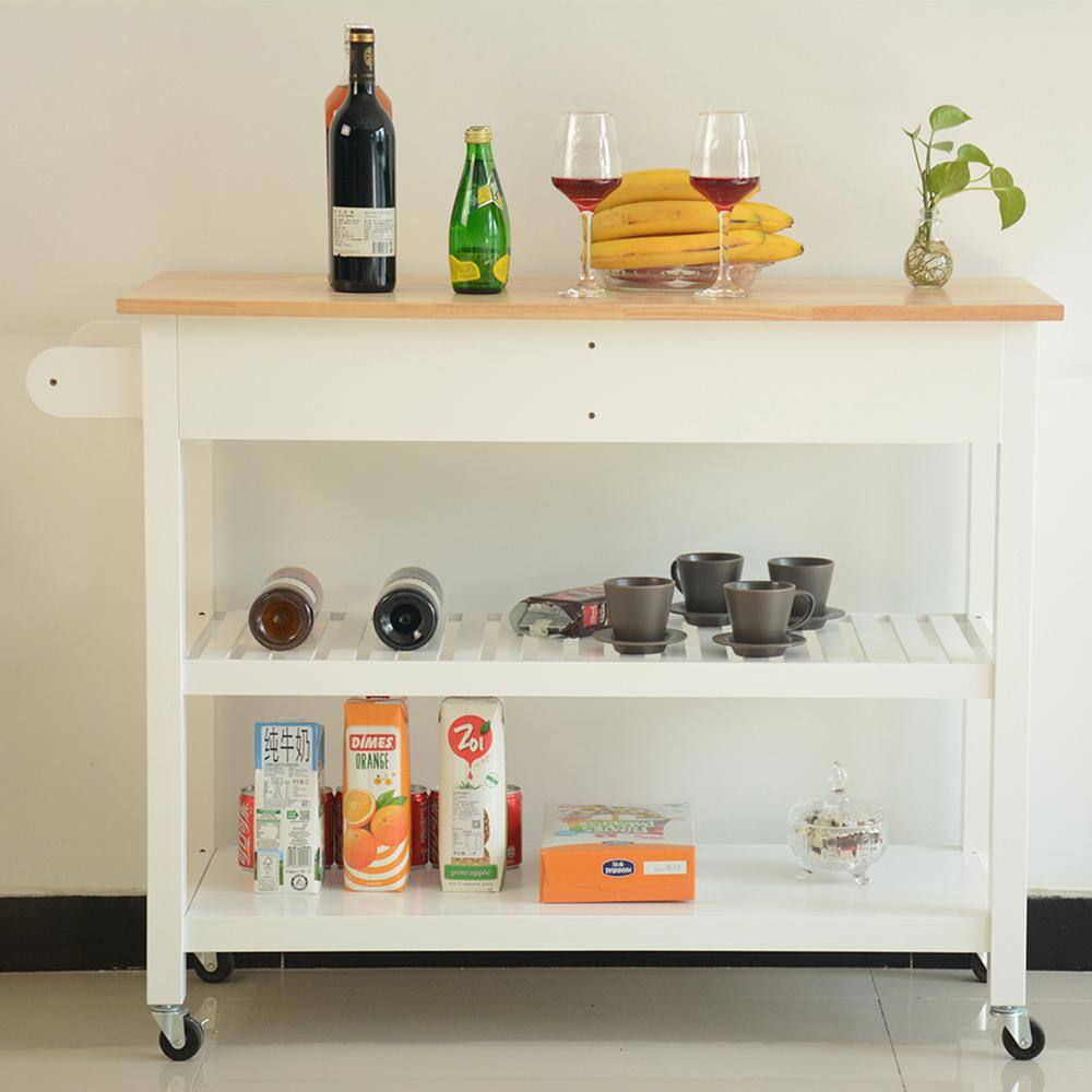 45.00 in. White Wood Kitchen Cart with 2 Lockable Wheels, Rubber Wood Top and 2-Drawers - Hercitys