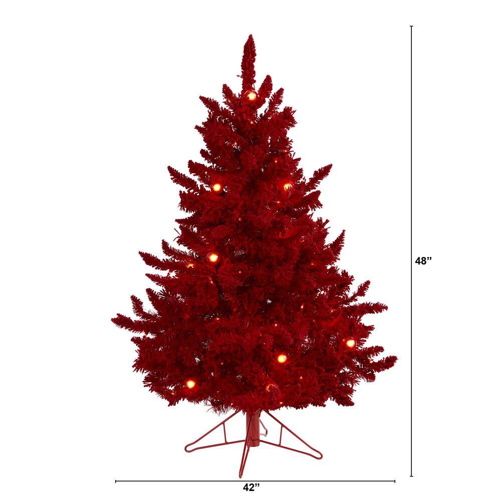 4 ft. Red Pre-lit Flocked Fraser Fir Artificial Christmas Tree with 100 Red Lights, 14 Globe Bulbs - Hercitys
