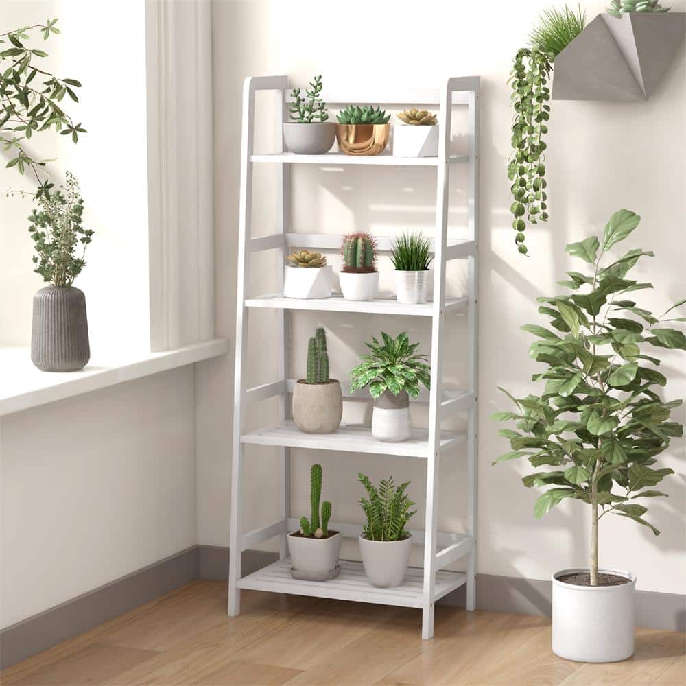 47.5 in. H x 19 in. W x 12.5 in. D White Bamboo Storage Rack Plant Flower Holder 4-Tier Display Shelves - Hercitys
