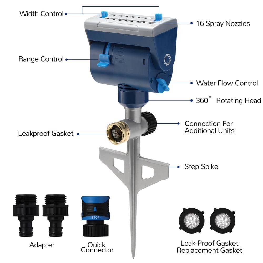 4,069 sq. ft. Oscillating Sprinkler with Metal Step Spike and Quick Connect Adapter Set, Control Watering Range, Blue - Hercitys