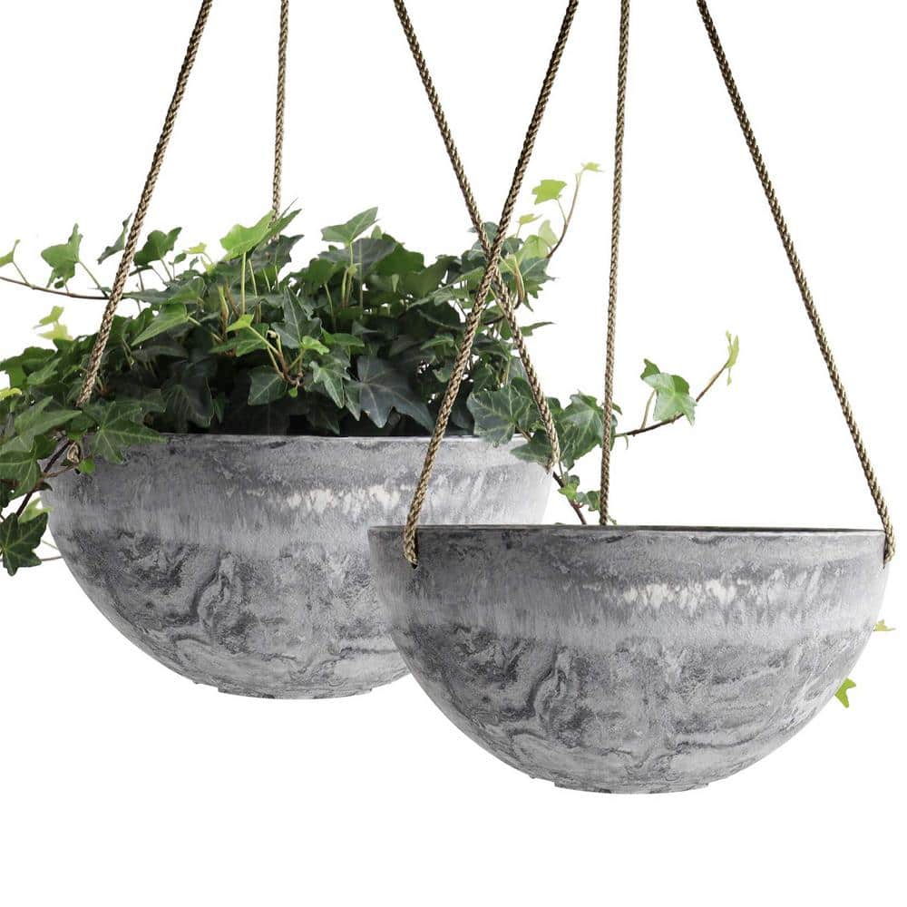 10 in. Dia Marble Pattern Recycled Plastic Hanging Basket with Heavy-Duty Triple Rope (2-Pack) - Hercitys