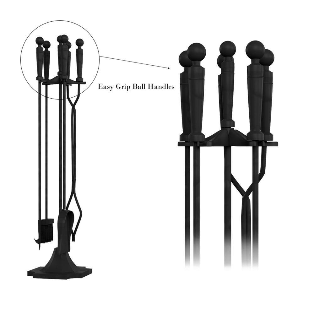 5-Piece Wrought Iron Fireplace Tool Set with Stand, Broom, Dustpan, Poker and Tongs in Matte Black - Hercitys