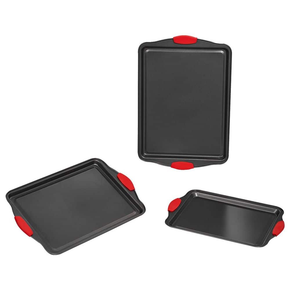 3-Piece Nonstick Baking Pan Set, Carbon Steel Oven Trays with Silicone Handles, Easy-Clean Cookware Set - Hercitys