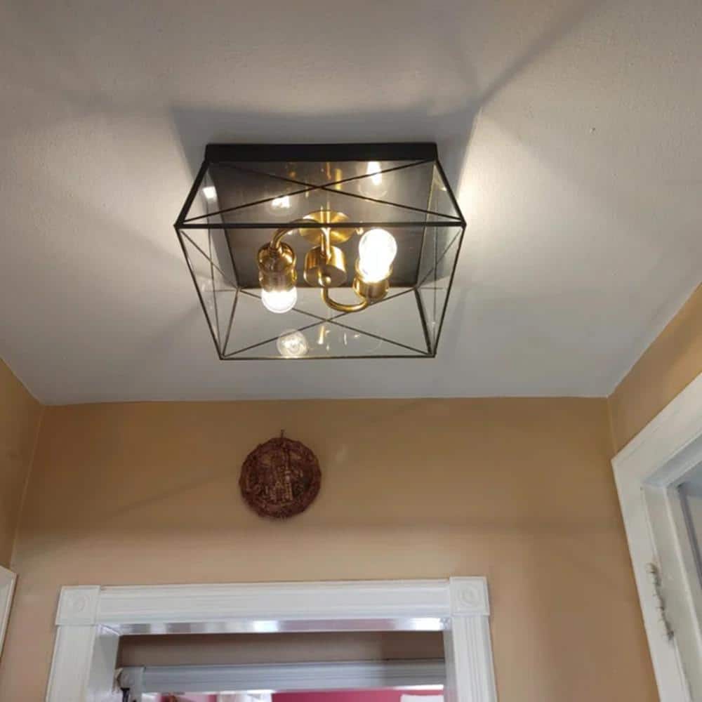 11.75 in. 2-Light Dark Bronze Finish Brass Flush Mount with Clear Tempered Glass Panes - Hercitys