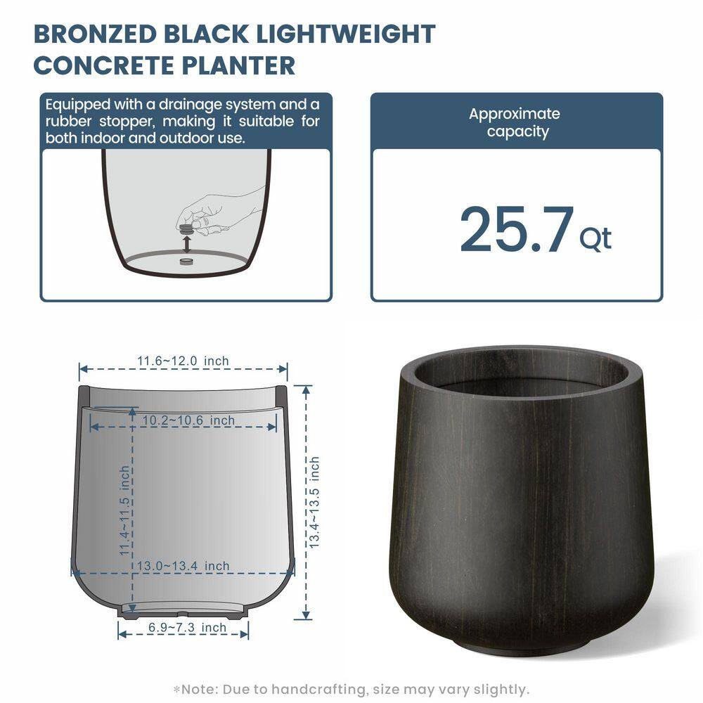 13 in. Medium Bronzed Black Concrete Round Planter / Pot with Drainage Holes - Hercitys
