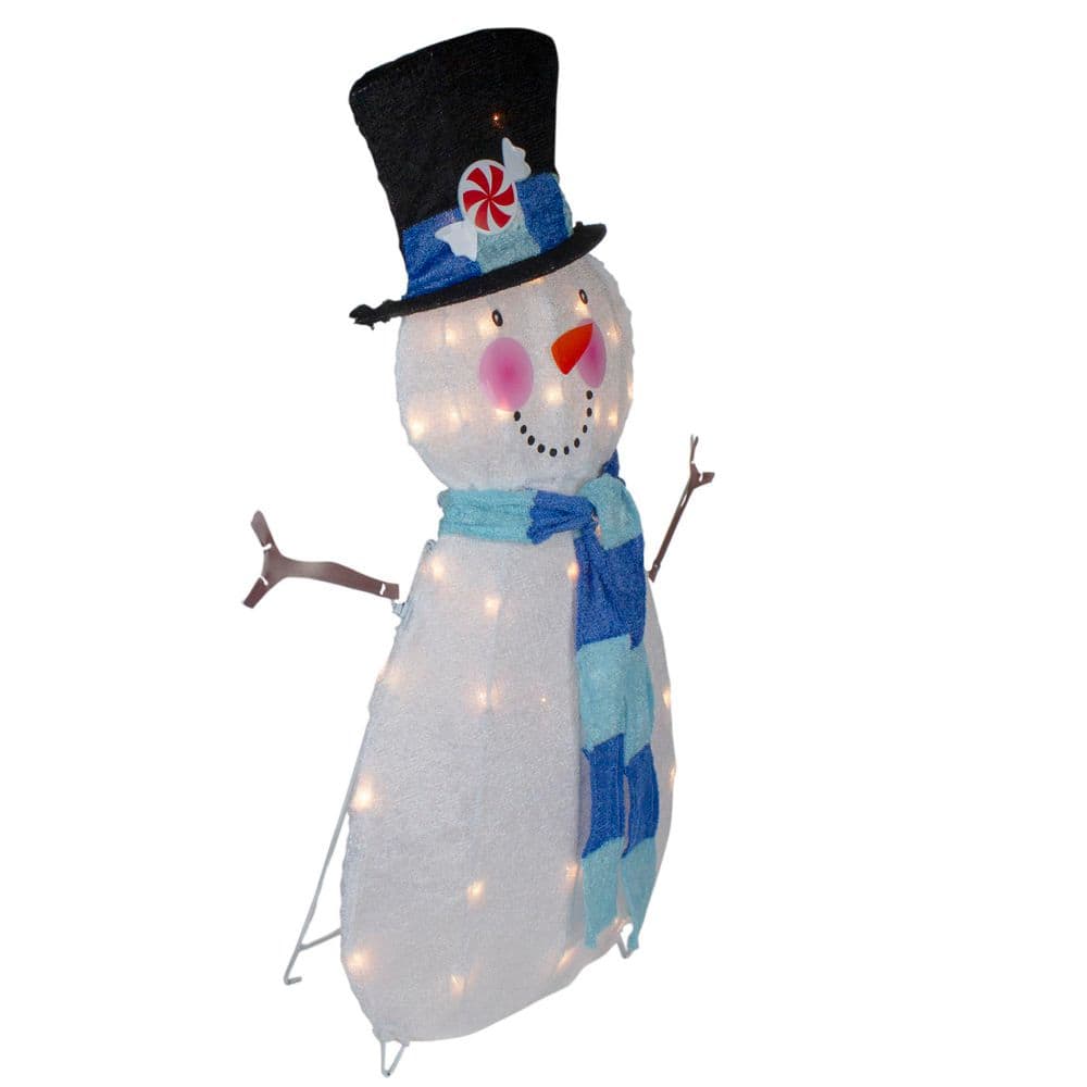32 in. Lighted White and Blue Chenille Snowman Outdoor Christmas Decoration - Hercitys