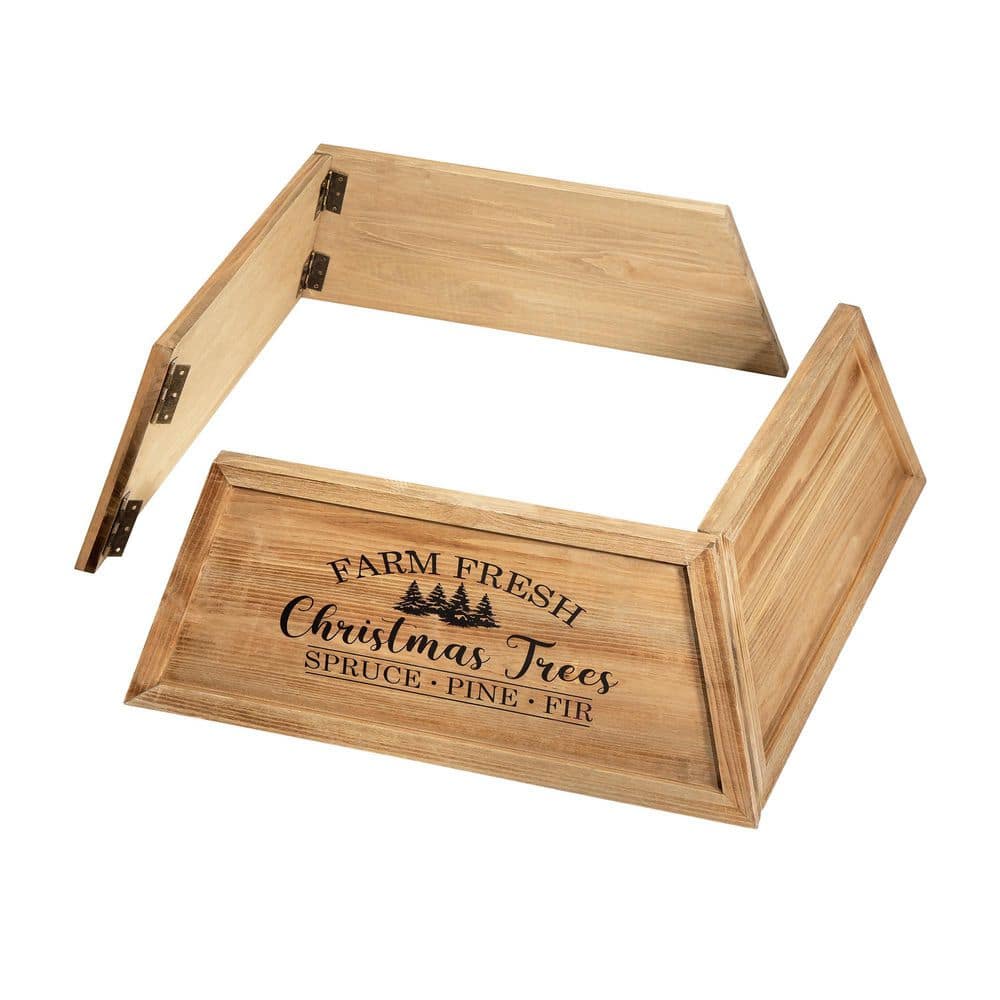 10.67 in. H Natural Wooden Trapezoid Farm Fresh Brown Christmas Trees Tree Collar (KD) - Hercitys
