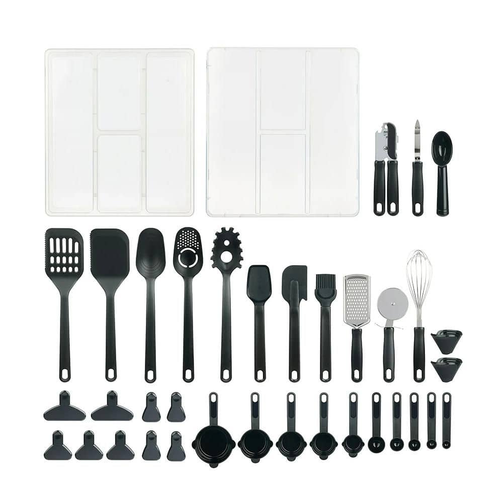 36-Piece Kitchen Cooking Tools Utensils Set with Space-Saving Drawer Organizer Storage Tray for Home Chefs, Black - Hercitys