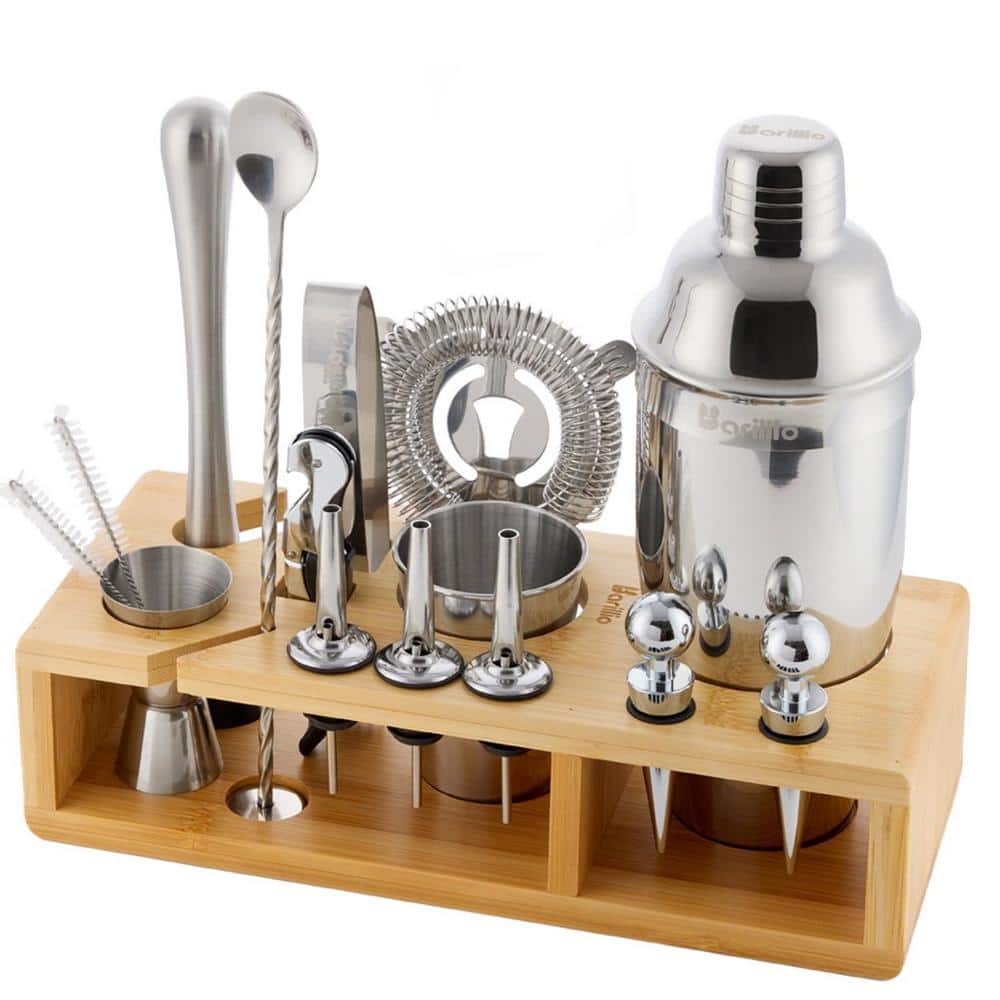 23-Piece 24 oz. Silver Stainless Steel Cocktail Shaker Set with Bamboo Stand, Drink Shaker, Mixer Spoon and Muddler - Hercitys