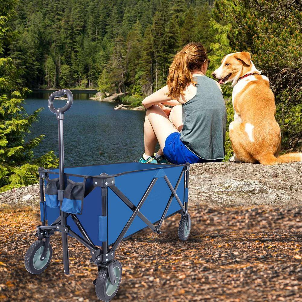 220 lbs. Capacity 4.6 cu. ft. Folding Fabric Utility Wagon Beach Serving Garden Cart with Adjustable Handle (Blue) - Hercitys